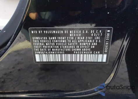 2017 Volkswagen Jetta 1.4T Se z USA, uszkodzony, nr VIN 3VWDB7AJXHM335963